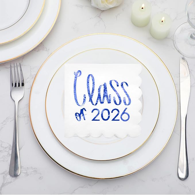 100 Pcs Class of 2026 Graduation Cocktail Napkins 5 x 5 Inch Congrats Grad Scalloped Paper Napkins for Dinner Beverage Graduate Decorations(Blue)