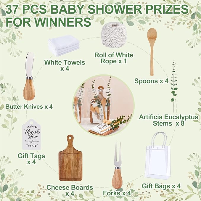Baby Shower Prizes for Game Winners Bamboo Cheese Board Spoon Fork Butter Spreaders Plaid Towel Thank You Card and Gift Bags for Baby Shower Wedding Bridal Shower Favors (Acacia, 4 Sets)