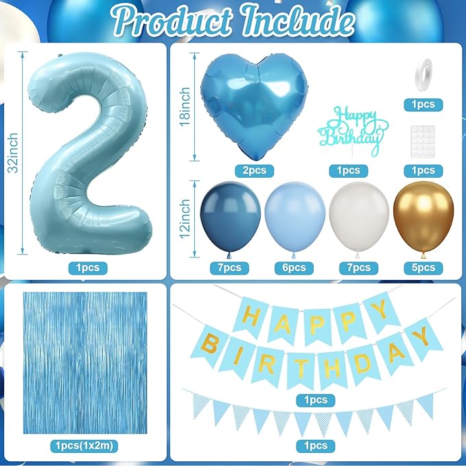 2nd Birthday Decorations Blue White Gold, 25pcs Balloons, Banner, Fringe Curtain, Heart Foil Balloons, Cake Topper, Boys Girls 2 Year Old Birthday Decor