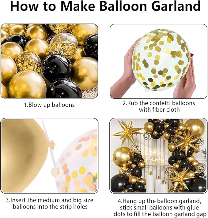 Black and Gold Balloon Garland Arch Kit, Black Gold Confetti Balloons for Retirement Men Birthday Graduation Decorations 2026 Class Grad Prom Bachelorette Anniversary Party Decorations