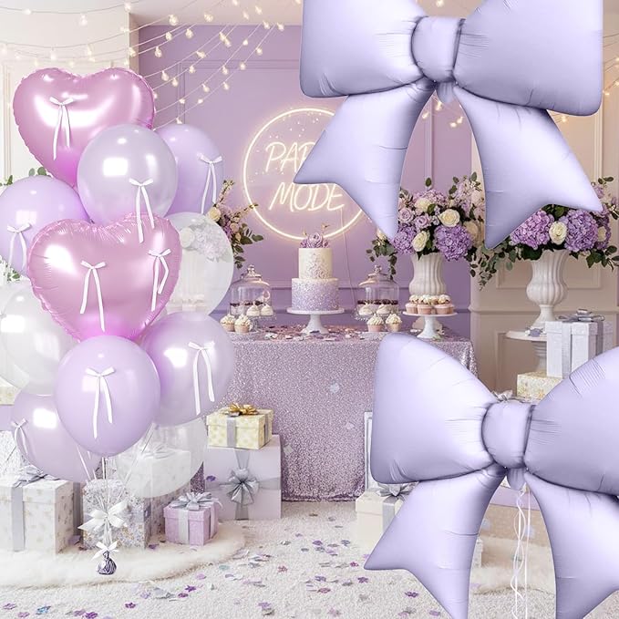 18Inch Purple Heart Balloon, 38 Inch Bow Balloons, Pearl Purple Light White Balloon and Bow Heart Shaped Foil Balloons for Lavender Birthday Wedding Bridal Baby Shower Valentines Day Decorations