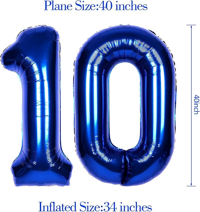 40Inch Navy Blue Number 10 Balloon Large Helium Royal Blue Number Balloons 0-9 Giant Digital 10th Foil Mylar Big Party Balloon for Boy Birthday Party Anniversary Graduation Decorations
