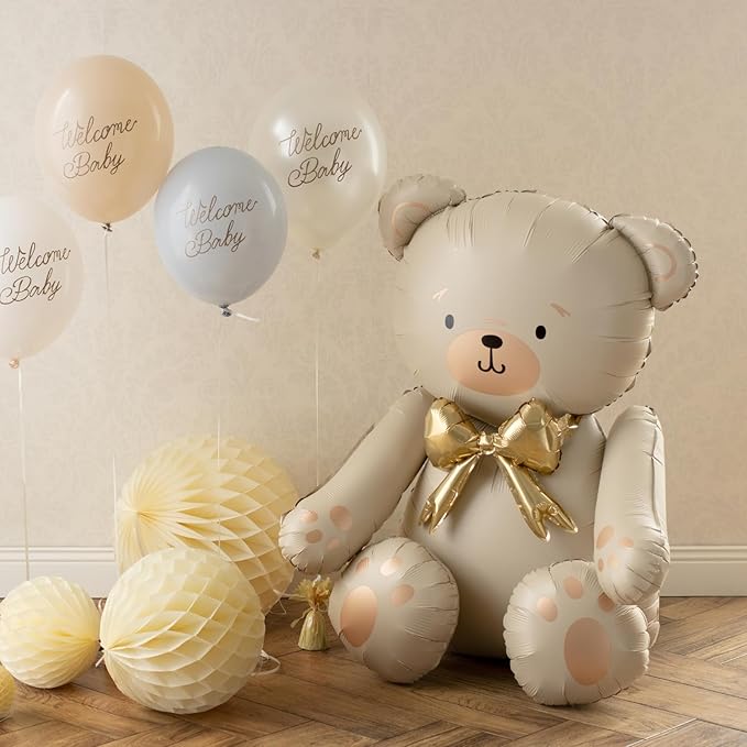 Giant Teddy Bear Foil Balloon PartyDeco 29.5x33 Inch – Cute Cream Bear Balloons with Gold Bow for Baby Shower, Birthday Kids, Gender Reveal Neutral Party Decor
