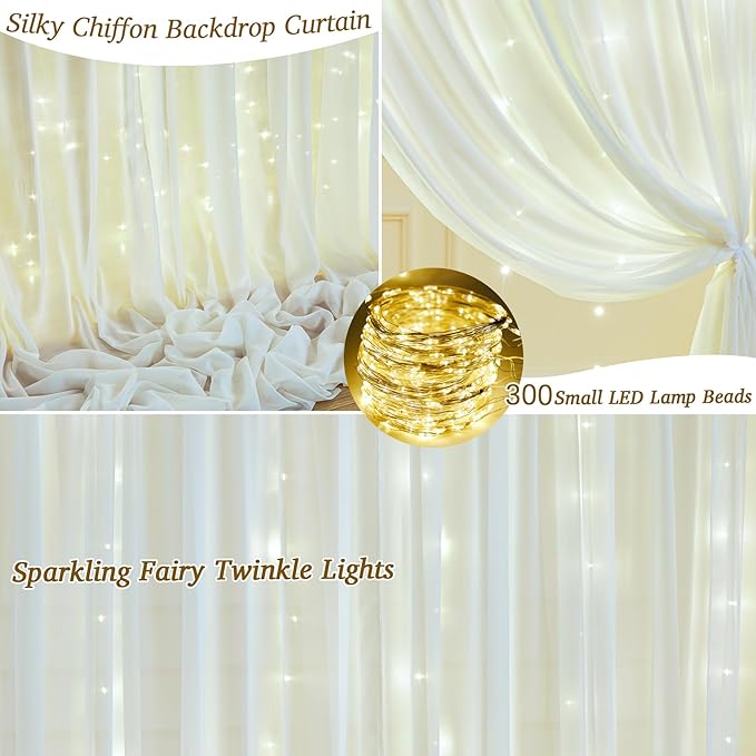 10ft x 10ft Beige Chiffon Backdrop Curtain with Lights String for Parties,2 Panels Sheer Chiffon Curtain Wedding Backdrop with Lights for Baby Shower Birthday Party Ceremony Reception Home Decorations