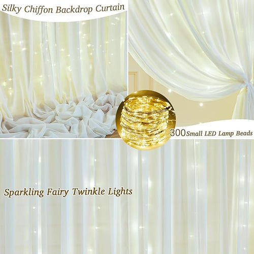10ft x 10ft Beige Chiffon Backdrop Curtain with Lights String for Parties,2 Panels Sheer Chiffon Curtain Wedding Backdrop with Lights for Baby Shower Birthday Party Ceremony Reception Home Decorations