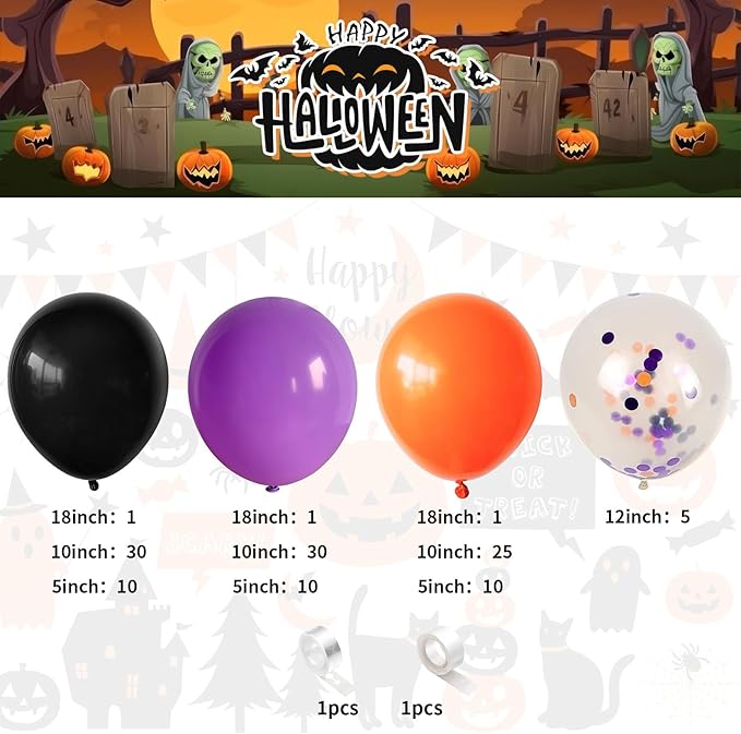 Halloween Balloon Arch Garland Kit Black Purple Orange Confetti Balloons Halloween Birthday Baby Shower Decorations Balloon for Horror Scary Spooky Hallowee Party Decoration Supplies
