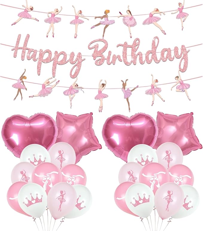 25Pcs Ballerina Birthday Party Decorations Pink Ballet Girls Happy Birthday Banners Pink White Latex Balloons Star and Heart Foil Balloons Baby Shower Party Supplie