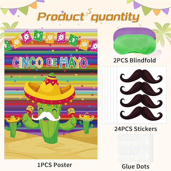AUGSUN Mexican Fiesta Party Games Pin Tail Game Poster Large Cinco De Mayo Game with Stickers and Blindfolds for 5 De Mayo Mexican Themed Fiesta Party Supplies Family Activities Decorations