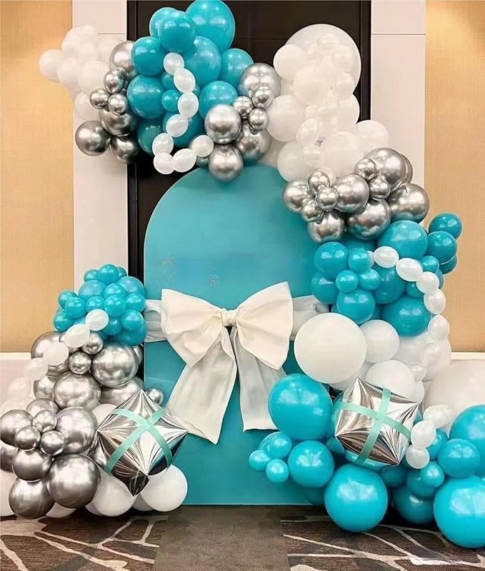Teal Blue Silver White Balloons Garland Arch Kit, 141Pcs Latex Balloons Different Sizes 18 12 10 5 Inch for Birthday Party Graduation Baby Shower Wedding Holiday Balloon Decoration