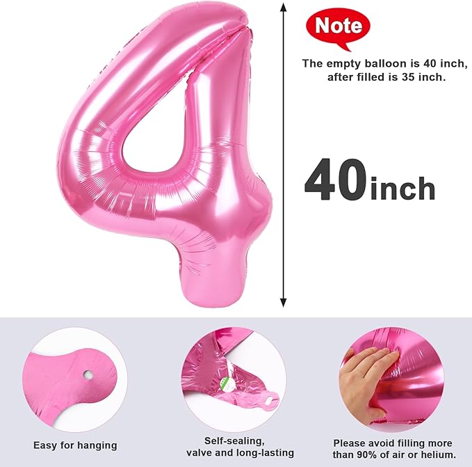 40 Inch Large Numbers Balloon, 4 Pink Ballon for 4th 14 40 44 Birthday Party, Balloon 4 Number for Graduations Wedding Supplies