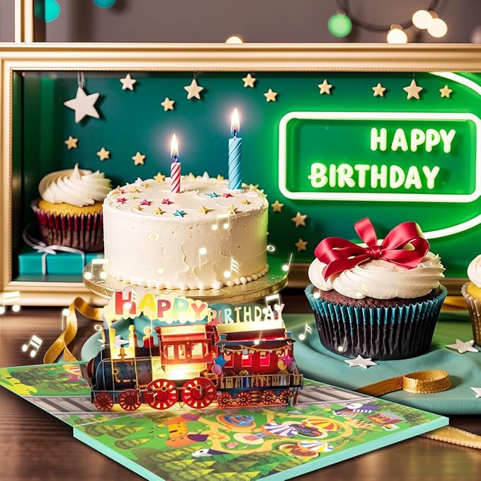 Musical Train Birthday Cards, 3D Lights and Music Happy Birthday Card, Pop Up Birthday Card, Funny Train Birthday Gift, for Son Daughter Boys Girls Nephews Nieces Friends.