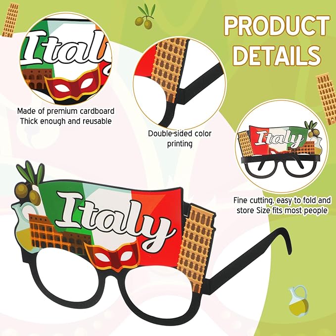 Pajean 32 Pcs Italian Party Decorations Italy Theme Eyeglasses Italian Paper Glasses Frame Photo Booth Props Italy Party Favors for Pizza Birthday Baby Shower Birthday Supplies