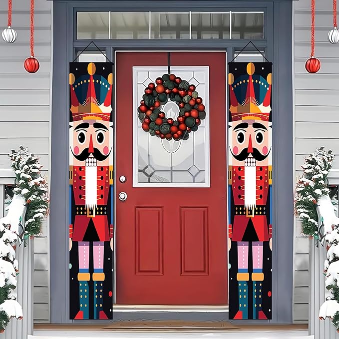 Classic Nutcracker Christmas Door Banner Traditional Toy Soldier Design Festive Holiday Welcome Sign for Front Porch Entryway Outdoor Indoor Home Decor Xmas Theme Seasonal Winter Porch