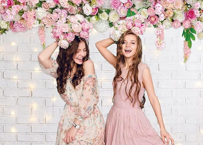 Flower Wall Backdrop Glitter White Brick Wall Mother's Day Flowers Photography Background Mother's Day Wedding Bridal Baby Shower Birthday Party Spring Theme Decor Photo Booth Props (7x5FT)