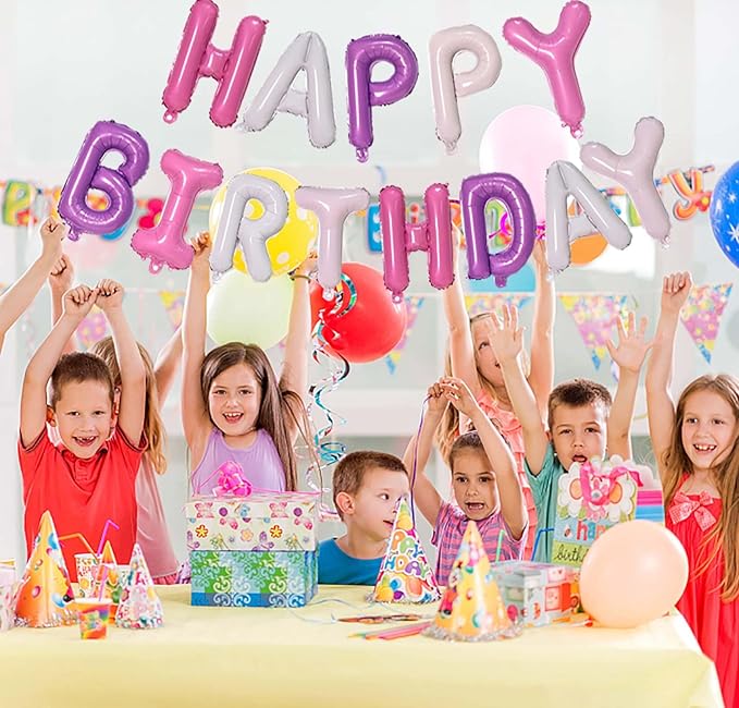 KALOR Purple Pink Happy Birthday Balloons Banner, 16 Inch Mylar Foil Letters Balloon Sign for Girls Women Birthday Decorations Photo Backdrop