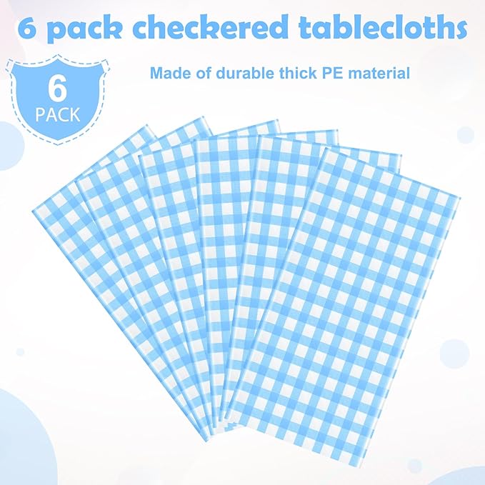 6pcs 54X108inch Light Blue Checkered Tablecloth,Blue Gingham Tablecloths Buffalo Plaid Disposable Plastic Table Covers for Birthday Baby Shower Bridal Wedding Party Birthday Decorations