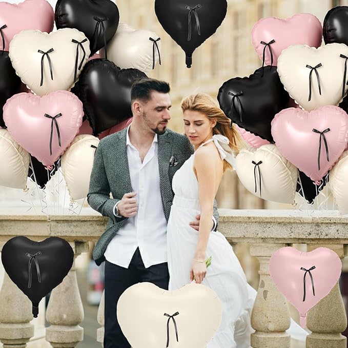 Pink and Black Heart Balloons, 10 Pcs Baby Pink Cream Heart Shaped Balloon with Black Bow Ribbon, 18 Inch Pink Sand White Foil Balloons for Brithday Baby Shower Wedding Valentines Party Decoration
