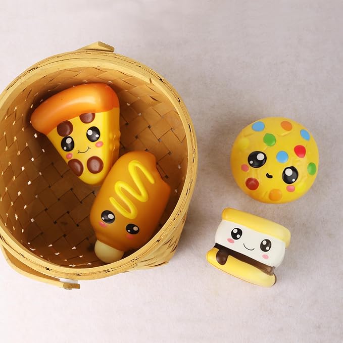 4 Pcs Slow Rising Food Toys for Kids, Kawaii Foam Squishy Toys in Smore Bread Hot Dog Pizza Cake Stress Relief Squeeze Toy for Holiday Carnival Goodie Bag Stuffers