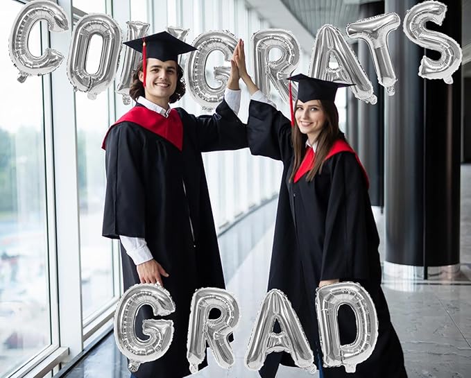 KALOR 16 Inch Silver Congrats Grad Banner Balloons, Silver Congrats Grad Letters Sign, Graduation Decorations 2026 for Graduation Party Decorations 2026