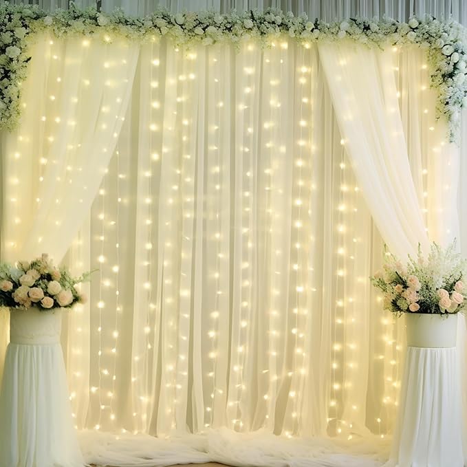 10ft x 10ft Beige Chiffon Backdrop Curtain with Lights String for Parties,2 Panels Sheer Chiffon Curtain Wedding Backdrop with Lights for Baby Shower Birthday Party Ceremony Reception Home Decorations