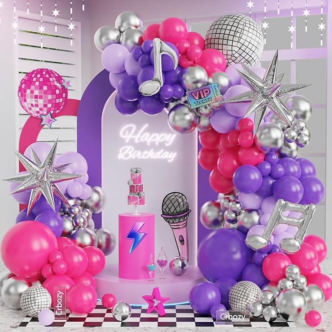 Music Hunter Balloon Arch Kit - 153Pcs Kpop Party Decorations with Disco Ball and Music Note Balloons, Pink Purple Silver Balloons for Disco Music Prom Fan Gatherings Girls Birthday Party Decorations