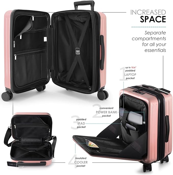 TRAVELARIM 20 Inch Carry On Luggage 22x14x9 Airline Approved, Carry On Suitcase with Wheels, Hard-shell Carry-on Luggage, Durable Luggage Carry-On, Pink Small Suitcase with Cosmetic Case