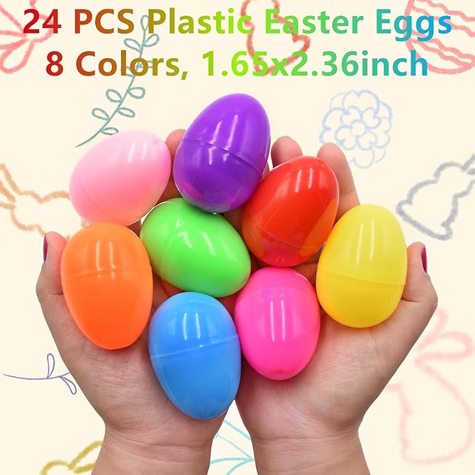 24 Pack Easter Sticky Hand Toys with 24 Pcs Plastic Easter Eggs, 9 Styles Easter Sticky Stretchy Toys for Kids Boys Girls Easter Basket Stuffers Egg Fillers Party Favors Gifts