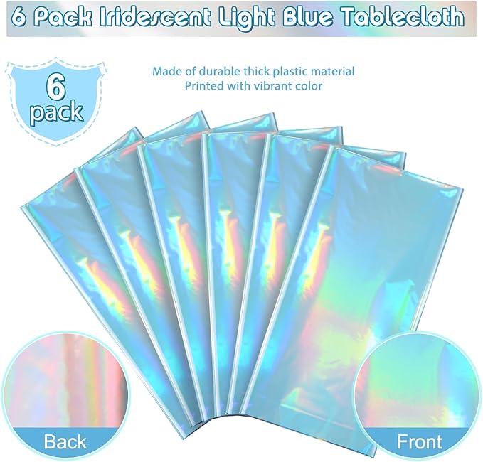 6 Pack Iridescent Light Blue Tablecloth for Parties, Pastel Blue Holographic Plastic Table Cover, Disposable Laser Baby Blue Table Cloth for Birthday Wedding Baby Shower Party Decorations, 54x108 Inch