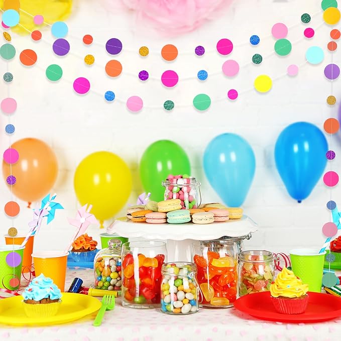 Outus 5 Pieces Colorful Dots Paper Garland Easter Decor Round Glitter Hanging Confetti Streamers Backdrop for Spring Birthday Classroom Halloween Trunk or Treat Car Decoration (Rainbow)