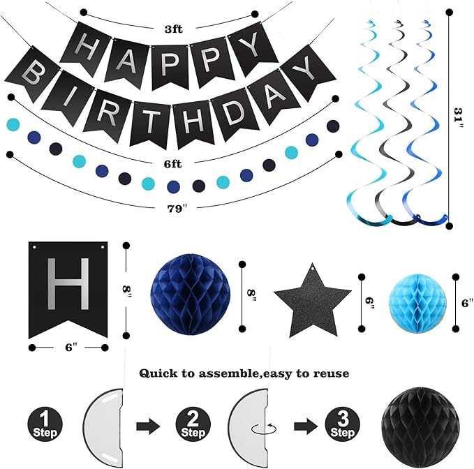 meowtastic Birthday Decorations, Happy Birthday Banner with Honeycomb Balls, Stars Hanging Swirl Streamers, Circle Dots Garland, Happy Birthday Party Decorations for Women Men Boys Girls (Black&Blue)