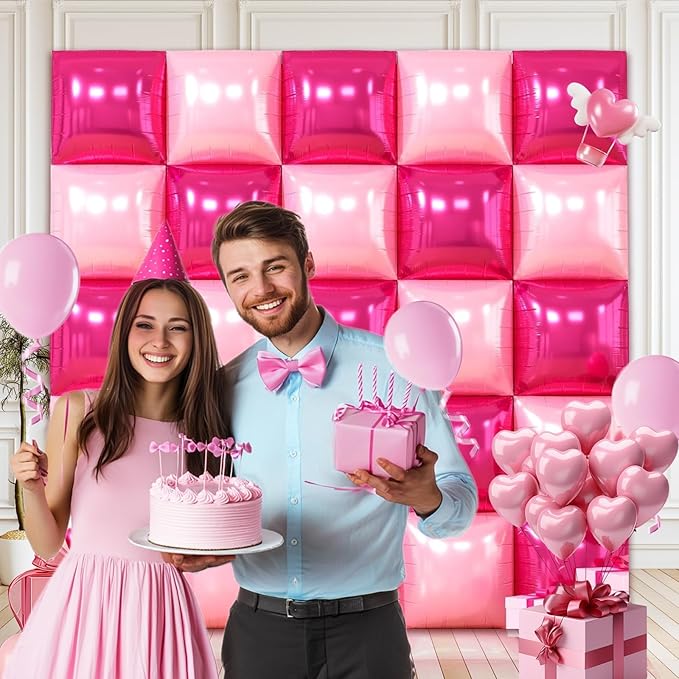 50 PCS Hot Pink Square Foil Balloons, Reusable Double Sided Mylar Balloons for DIY Balloon Arch & Wall Backdrop, Ideal for Wedding Birthday Bachelorette Graduation Baby Shower Party Decorations