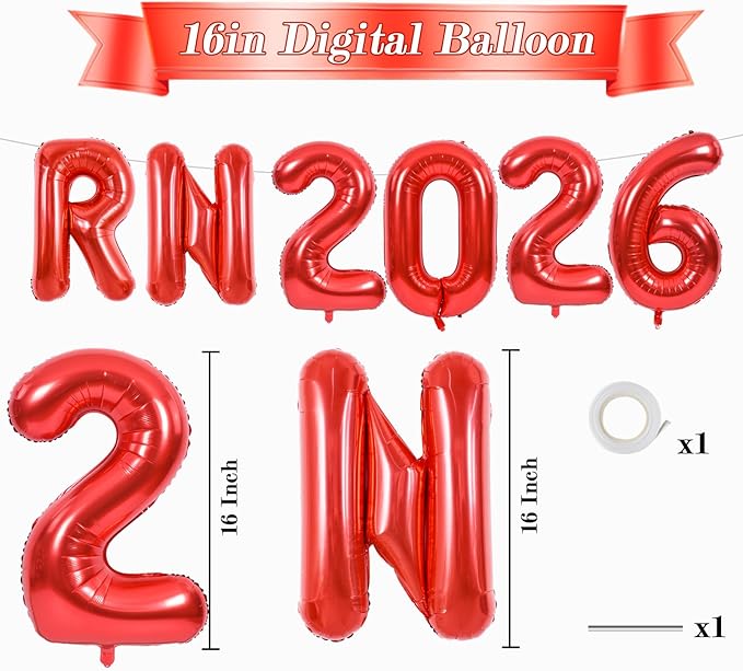 TONIFUL 2026 Nurse Graduation Decorations Red RN 2026 Balloons 16 Inch RN 2026 Banner Class of 2026 Registered Nurse Balloons Decorations 2026 Nursing Graduation Party Supplies