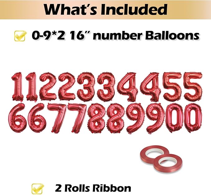 [20 Pcs] 16" Red Foil Number Balloons (2 sets of 0-9) - Mylar Aluminum Hanging Decorations for Graduation, Birthday, Christmas & New Year's Eve Parties
