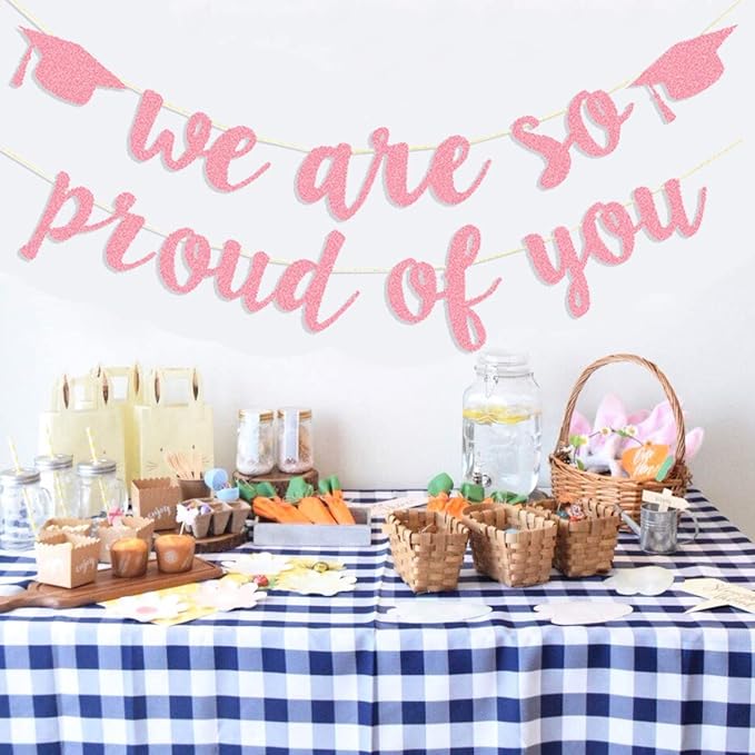 2026 Graduation Banners Party Decorations, Rose Gold Glitter We are So Proud of You Graduation Banners Garland for Congratulation Graduations Party Supplies, School, Home, Car Decorations