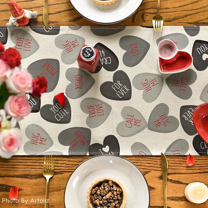Artoid Mode Black Ture Love Heart Valentine's Table Runner, Seasonal Kitchen Dining Table Decoration for Home Party Decor 13x72 Inch