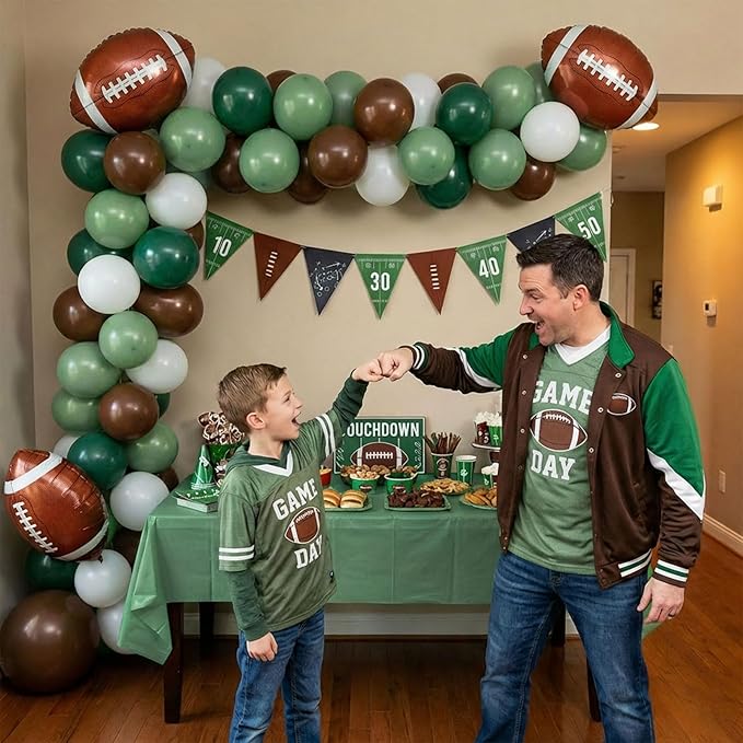 Football Party Decorations Kit 120PCS sage Green brown White Balloon Garland Arch with Football Banner Mylar Balloons for Sports Birthday Boys first year touch down party decorations