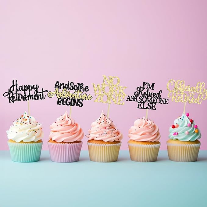 Gyufise 30Pcs Happy Retirement Cupcake Toppers Officially Retired Cupcake Picks No Work Zone Adventure Begins Cake Decorations for Retirement Theme Farewell Birthday Party Supplies Black Gold