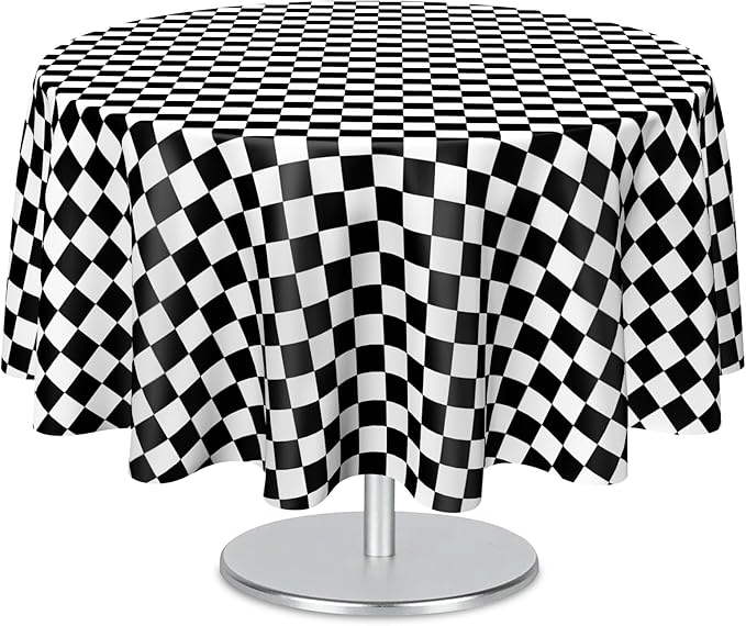 Mulbozy 2 Pcs Checkered Round Tablecloth, 84 inches Disposable Plastic Black and White Gingham Circle Table Covers for Baby Shower Two Fast, Race Car Birthday Party Decorations