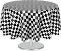 Mulbozy 2 Pcs Checkered Round Tablecloth, 84 inches Disposable Plastic Black and White Gingham Circle Table Covers for Baby Shower Two Fast, Race Car Birthday Party Decorations