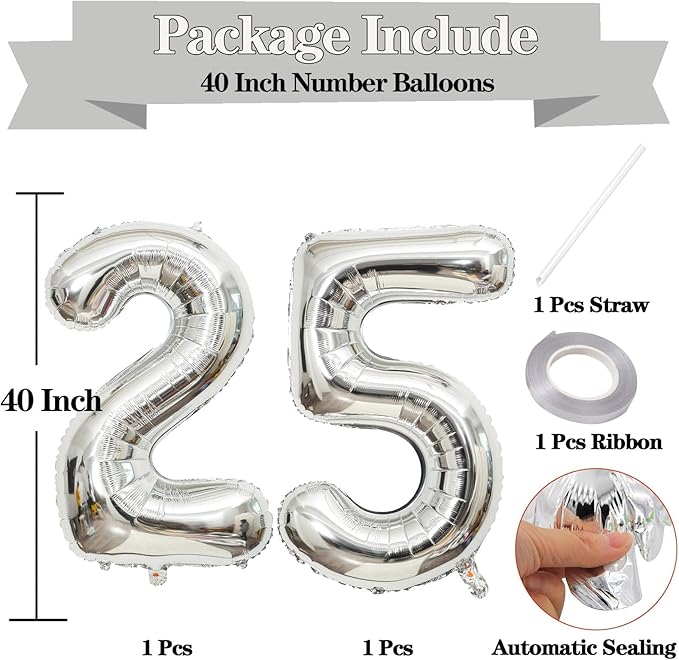 Large Silver 25 Number Balloons, 40 Inch Jumbo Number 25 Balloon, Silver Foil Mylar Balloons for Girl Sweet 25th Birthday Party, Anniversary Decorations