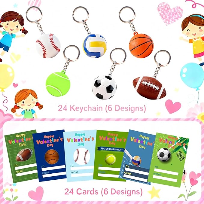 24 Pack Easter Basket Stuffers for Kids - Funny Keychains with Valentine Gifts Cards for Boys, Girls, Toddlers, Friends, Classroom School Exchange Party Favors (24)