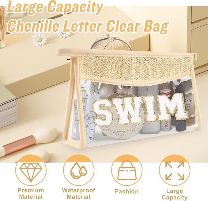 Iqimott Clear Patch Makeup Letter Bag, Boho Letter Bag for Beach Swim, Waterproof Zipper Make up Bags Toiletry Pouch for Women Girls, Clear Patch Cosmetic Bags Organizer Pouch for Travel(Swim, Beige)