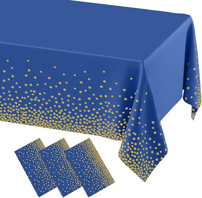 misaya 3 Packs Dot Disposable Table Cloth, 54 x 108 Inch Waterproof Plastic Tablecloth, Rectangle Gold Dots in Navy Table Covers for Easter, Picnic, Birthday, Party