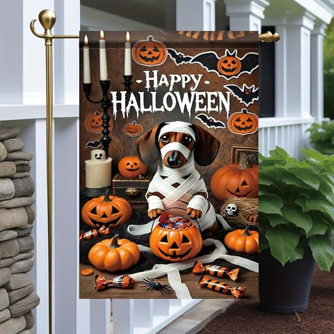 Halloween Garden Flag Dachshund Dog Mummy Pumpkin 12x18 Inch Double SidedOutdoor Yard Banner for Trick or Treat Haunted House Spooky Halloween Decoration Decor