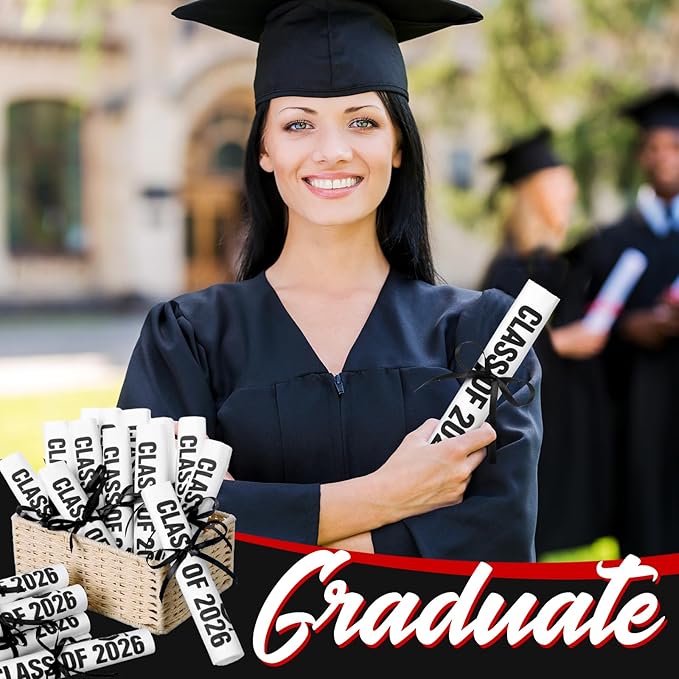 100 Set Graduation Class of 2026 Guest Napkins Black Rolled Silverware Disposable Grad Award Dinner Napkin with Ribbon and Scissors for Celebration