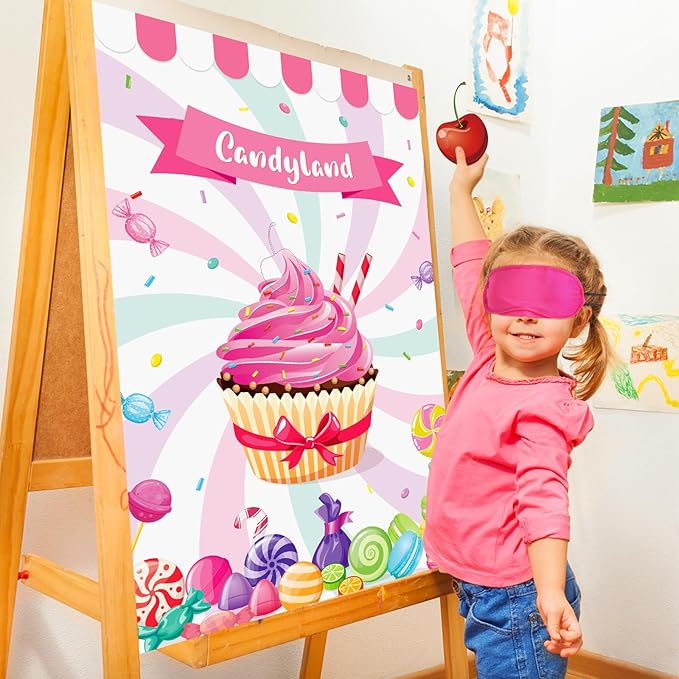 Pin The Cherry on The Cupcake Game for Kids Birthday Pin Game Girls Birthday Party Games Candy Land Party Decorations, Large Candyland Game Poster with 36 Cherry Stickers Candyland Party Favors