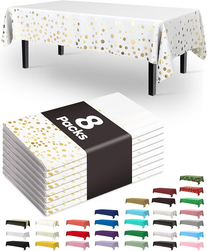 Pureegg Plastic Table Cloth Disposable 8 Pack, 54 x 108 Inch Table Cloths, Graduation Decorations Class of 2026, Graduation Tablecloths, Rectangle, Plastic Cover, Leakproof & Sturdy, White and Gold