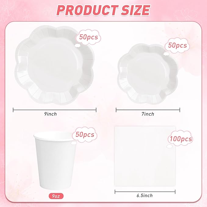 250 Pcs White Paper Plates and Napkins Tableware Set, White Party Supplies for 50 Guests Include Scalloped Paper Plate Napkins Cups for Baby Shower Wedding Bridal Shower Birthday
