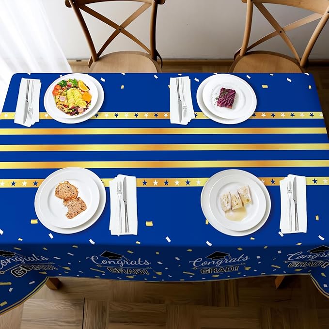 Childom 3 Pack Graduation Tablecloth,Graduation Decorations Class of 2026 Graduation Party Decorations,54"x108" Blue and Gold Plastic Table Cloth Disposable Rectangle for Home,School,Party Supplies