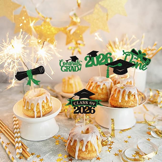 2026 Graduation Cupcake Toppers, 36 pack Green Glitter Class of 2026 Congrats Grad Diploma Grad Cap Cupcake Picks for 2026 Graduation Party decorating Supplies